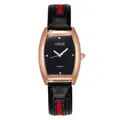 Fashionable tonneau-shaped quartz watch with rose gold case and green-red-green strap - Black