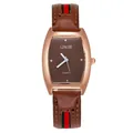 Women's quartz watch with tonneau case, dark brown dial, and striped leather strap - Coffee