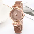 Starry sky dial watch with rose gold mesh magnetic band and diamond accents for women - Rose Gold