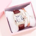 Elegant rose gold square watch with diamond bezel and leather strap including bracelet - Brown Watch Bracelet Gift Box Set