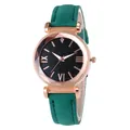 Green leather strap women's watch with rose gold case and starry black dial detail - Green