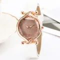 Elegant women's watch with rose gold diamond case and starry sky dial on white leather strap - White