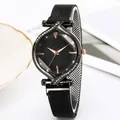 Elegant women's watch with starry black dial and magnetic mesh strap with rhinestones - Black