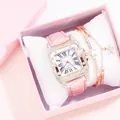 Elegant women's square quartz watch set with pink leather strap and rhinestone bracelet - Pink Watch Bracelet And Box