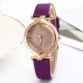 Elegant ladies watch with purple leather strap and rose gold rhinestone-studded case - Purple