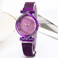 Purple starry sky dial women's watch with rhinestone bezel and magnetic mesh band - Purple