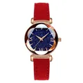 Women's rose gold starry sky watch with Roman numerals and a red velvet strap - Red