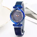 Deep blue starry sky quartz watch with rose gold case and magnetic milanese strap - Blue
