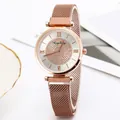 Elegant rose gold mesh strap watch for women with starry silver dial and roman numerals - Rose Gold