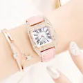 Women's rose gold square rhinestone watch with pink leather strap and matching star bracelet - Pink Watch + Bracelet