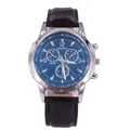 Classic men's blue quartz watch with three-eye dial and black leather strap - Black Dial Black Strap