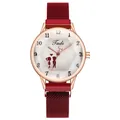 Women's rose gold watch with red magnetic mesh band and white geometric dial pattern - Red