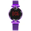 Montre numérique LED violette pour femmes avec verre taillé et bracelet en maille d'acier - Violet