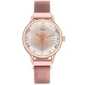 Montre élégante pour femme en or rose avec bracelet en maille, cadran rayonnant et strass - Rose