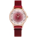Elegant women's watch with wine red mesh strap and rose gold diamond-accented dial - Red
