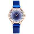 Women's rose gold watch with blue dial, crystal markers and magnetic mesh band - Blue