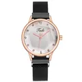 Detail of rose gold case and black Milanese mesh strap with magnetic buckle on watch - Black
