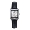 Detailed view of square silver watch case with black bamboo pattern leather strap - White Face Black Strap
