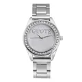 Women's silver steel quartz watch with shimmering dial and rhinestone bezel display - Silver