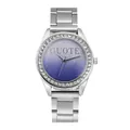Macro view of crystal-encrusted bezel and purple gradient starlit dial on silver watch - Blue