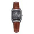 Vintage women square quartz watch with silver case and brown crocodile leather strap - Black Face Brown Strap