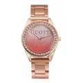 Detail of rose gold ladies watch featuring a crystal bezel and gradient colored dial - Rose Gold
