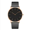 Detail of minimalist black mesh watch with rose gold case and matte circular dial - Black Strap Rose Gold Case Black Dial