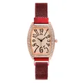 Detail van de roségouden tonvormige wijzerplaat met strassteentjes en bordeauxrode band - Rood