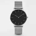 Front view of minimalist silver mesh watch with matte black dial and linear markers - Silver Case Black Dial