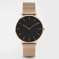 Detailed close-up of rose gold Milanese mesh strap and matte black minimalist dial - Rose Gold Case Black Dial