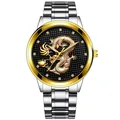 Heren business quartz horloge met 3D gouden draak wijzerplaat en tweekleurige stalen band - Zilveren Band Gouden Kast Zwarte Wijzerplaat