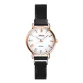 Minimalist quartz watch for women with rose gold Roman numerals and black mesh band - Black