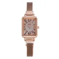 Macro view of rose gold rectangular watch with crystal dial and mesh metal strap - Rose Gold