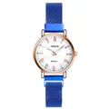 Detailed view of women's quartz watch with blue mesh band and roman numeral dial - Blue