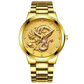 Gold dragon embossed luxury men's business watch with crystal indices and steel band - Gold Band Gold Case Gold Dial
