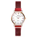 Detailed view of women's quartz watch with burgundy mesh strap and Roman numerals dial - Red