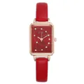 Detail of red leather strap and rectangular rose gold quartz watch for women - Red