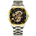 Detail of a luxury watch dial with a golden dragon relief and diamond hour markers - Two-tone Gold Band Gold Case Black Dial