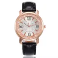 Detail of rose gold watch with moving rhinestones, Roman numerals and black leather band - Black
