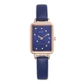 Elegant ladies quartz watch with rectangular rose gold case and navy leather strap - Blue