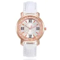 Detail of rose gold watch case with crystal bezel and white crocodile leather strap - White