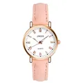Details einer roségoldenen Quarzuhr mit weißem Zifferblatt und rosa mattem Lederarmband - Rosa