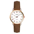Minimalistische Damen Quarzuhr mit braunem Lederarmband und roségoldenem römischen Zifferblatt - Braun