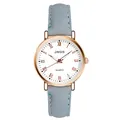 Detail of rose gold watch case with white dial and light blue leather strap stitching - Blue