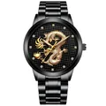 Close-up of golden dragon relief on black dial with crystal indices and metal band - Black Strap Black Case Black Dial