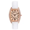Detail of tonneau-shaped rose gold watch with sparkling rhinestones and white leather strap - White