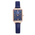 Detailopname van vintage vierkant horloge met donkerblauwe wijzerplaat en goudkast - Blauw