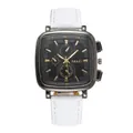 Detail of square black watch dial with gold markers and white pebbled leather strap - White