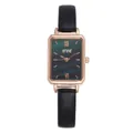 Elegant CCQ rectangular quartz watch for women with green dial and black leather strap - Black Strap Green Dial