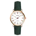 Close-up of rose gold watch with white Roman numeral dial and dark green leather strap - Green